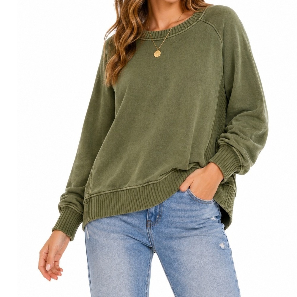 Aerie Sweatshirt Women Size M Olive Green Crewneck Oversized Casual Athleisure‎